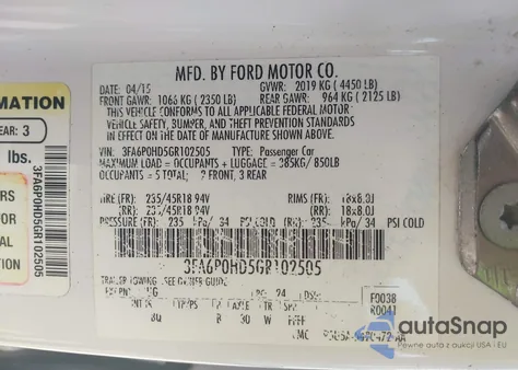 2016 Ford Fusion Se z USA, uszkodzony, nr VIN 3FA6P0HD5GR102505